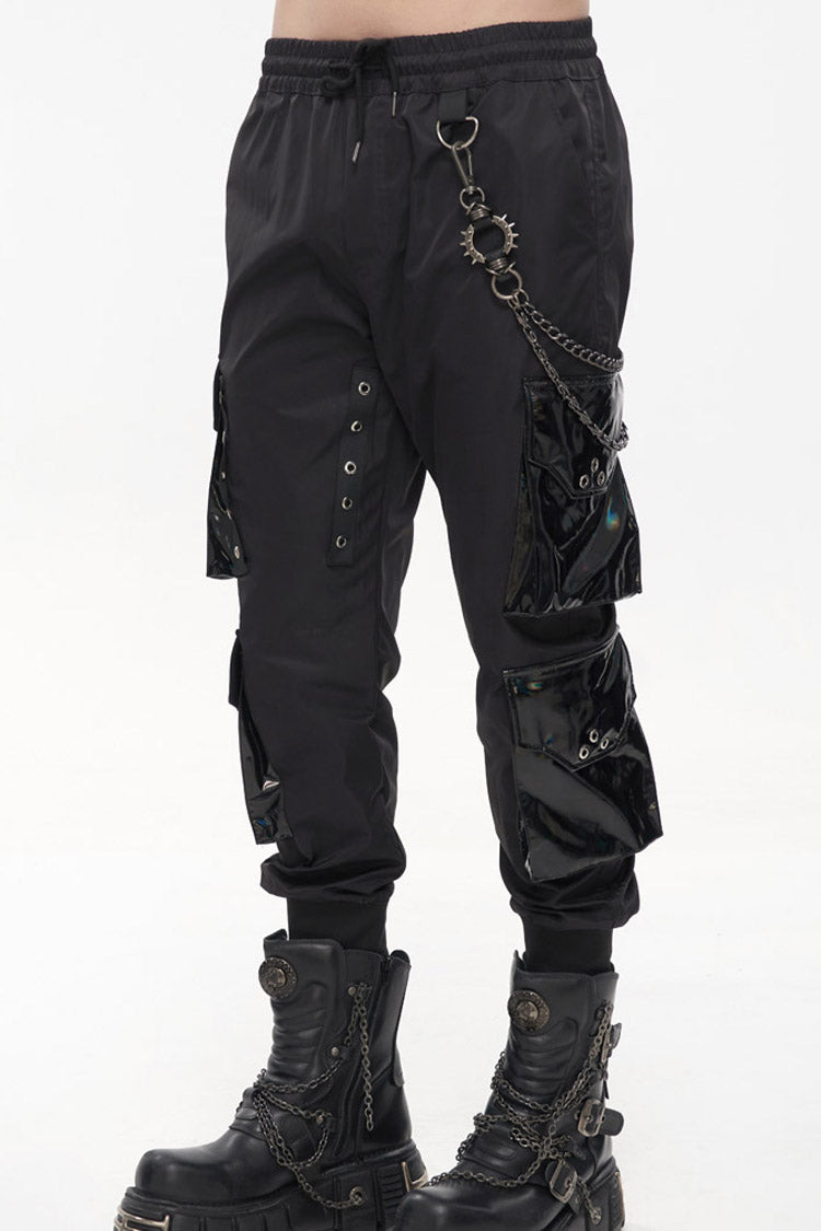 Black Punk Multi Pocket Splicing Illusory Color Removable Metal Left Chain Design Cargo Men's Pants - Product - 4