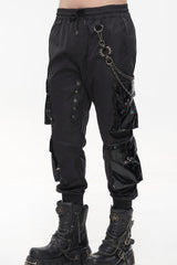 Black Punk Multi Pocket Splicing Illusory Color Removable Metal Left Chain Design Cargo Men's Pants - Product - 4