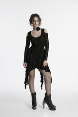 Black Off Shoulder Long Sleeves Spliced Irregular Mesh Pleated Eyelet Women's Gothic Witch Dress - Black - 1