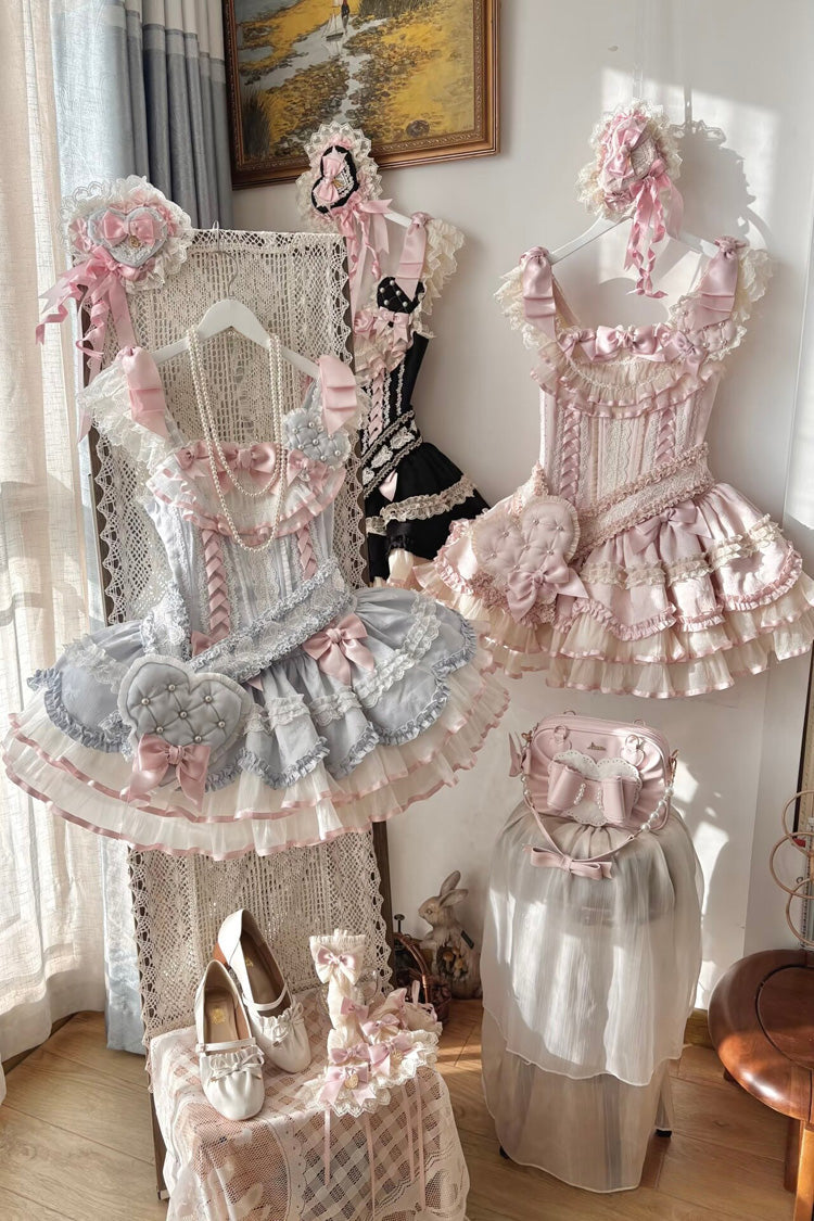 Blue Triple-Layered Ruffled Bow Lace-Up Slim Ballet Sweet Lolita Dress - Product - 21