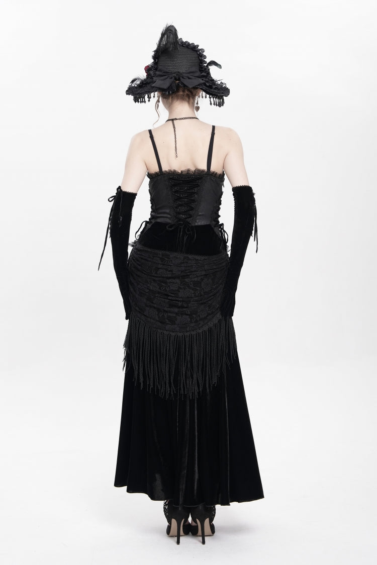 Black Sleeveless Ruffle Lace-Up Plumed Women's Gothic Long Slip Dress - Product - 9