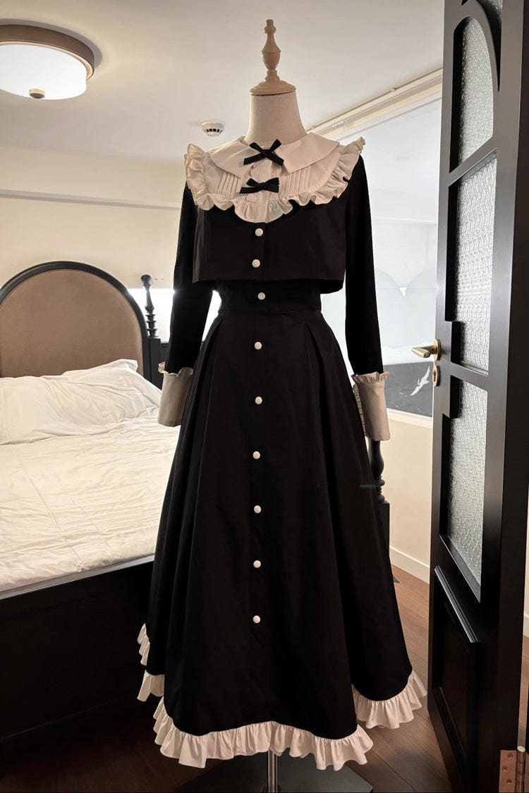 Black Long Sleeves Ruffle Bowknot Vintage Elegant Lolita Dress Two Pieces Set - Black - 1
