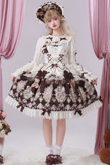 Brown [Antique Teddy Bear] Sleeveless Printed Bow Lace Sweet Elegant Lolita Jsk Dress - Brown(Dress-Only) - 1