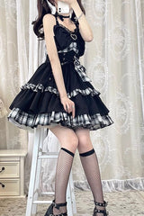Black/White Plaid Print Color Contrast Leather Buckle Bowknot Ruffle Gothic Lolita JSK Dress - Product - 2