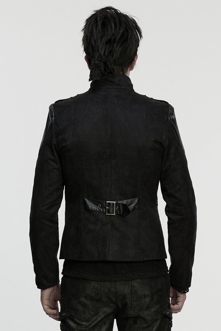 Black Stand Collar Long Sleeves Stitching Zipper Eyelet Men's Punk Jacket - Product - 3