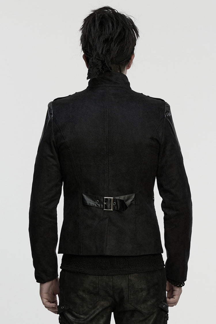 Black Stand Collar Long Sleeves Stitching Zipper Eyelet Men's Punk Jacket - Product - 3