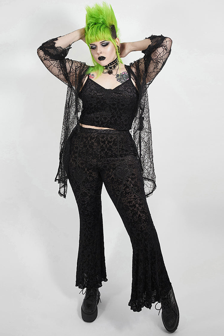 Black Plus Size Velvet Print Front Decals Knit Flare Women's Gothic Pants - Product - 4