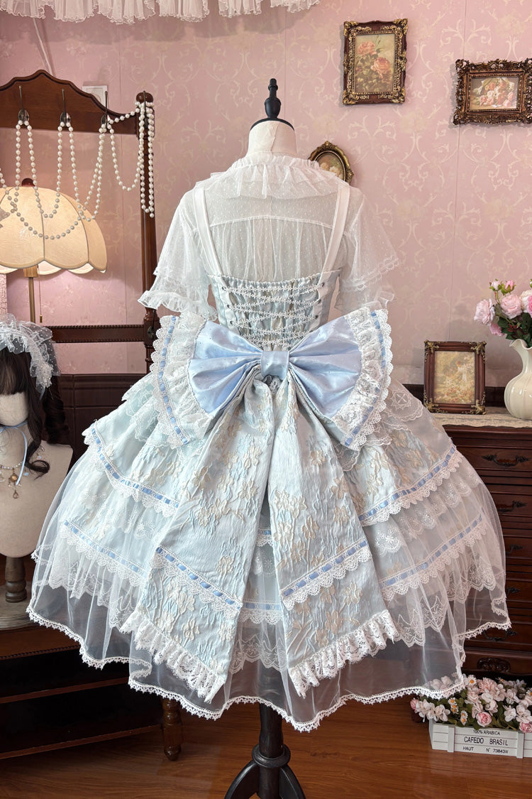 Blue [Moonlight Woven Flower Box] Square Collar Multi-Layered Ruffled Hanayome Embroidered Bow Lace Sweet Plus Size Lolita Jsk Dress Set - Product - 2