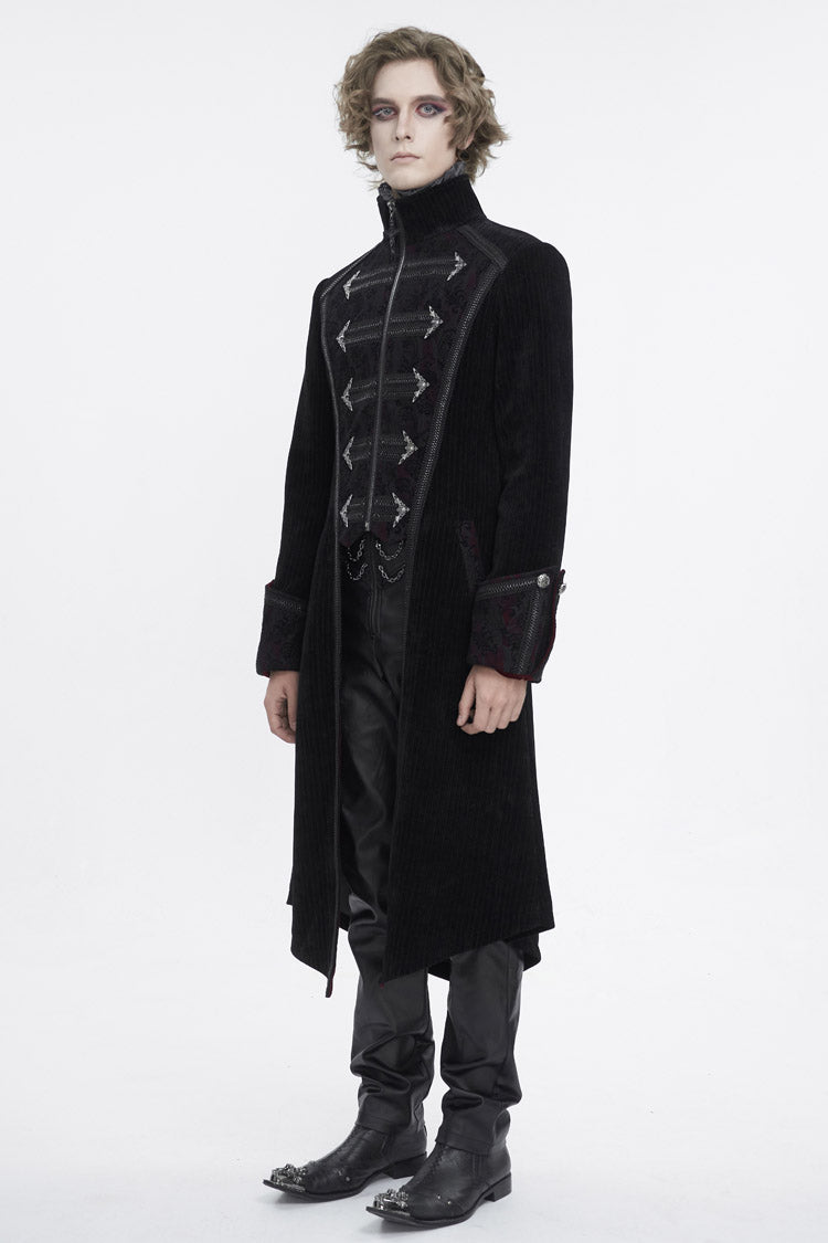 Black Stand Collar Long Sleeves Embroidery Slim Men's Gothic Coat - Product - 3