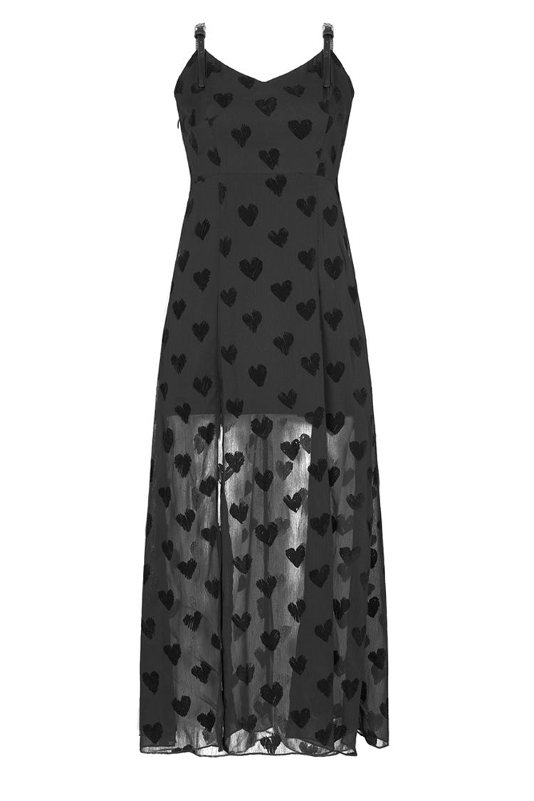 Black Heart Chiffon Waist Leather Sling Long Women's Gothic Dress - Product - 5