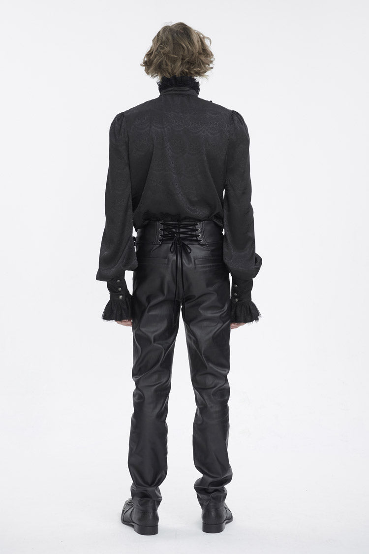 Black Stand Collar Long Sleeves Jacquard Ruffle Men's Gothic Blouse - Product - 4