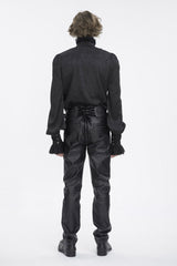 Black Stand Collar Long Sleeves Jacquard Ruffle Men's Gothic Blouse - Product - 4