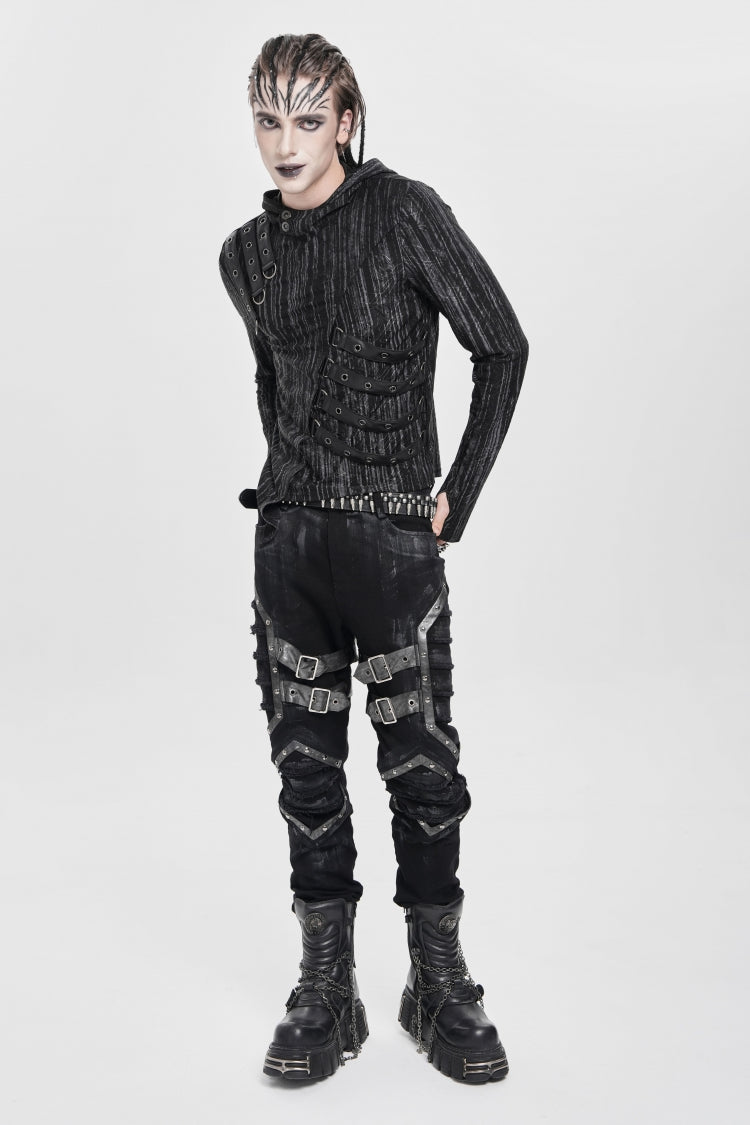 Black Buckle Straps Pleated Men's Punk Pants - Product - 11