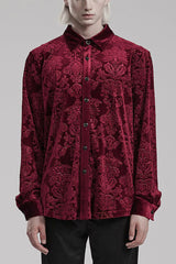 Men's Long Sleeves Embossed Velvet Print Gothic Gorgeous Blouse 2 Colors - Red - 2