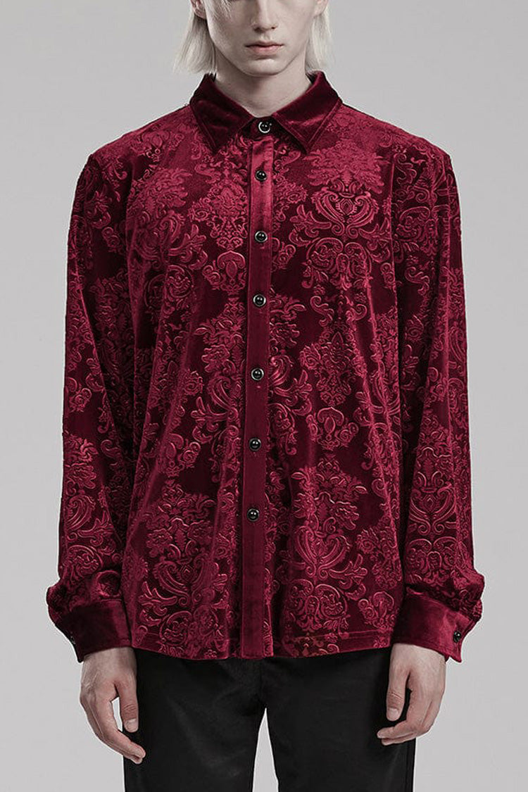 Men's Long Sleeves Embossed Velvet Print Gothic Gorgeous Blouse 2 Colors - Red - 2