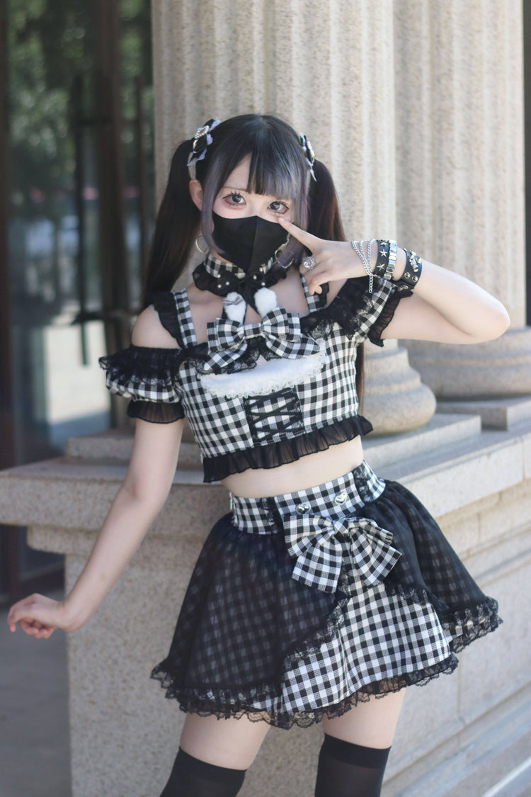 [Night Rabbit Dream] Short Sleeves Plaid Printed Ruffled Open-Front Bow Lace-Up Sweet Jirai Kei Japanese Skirt Set - Black/White - 1