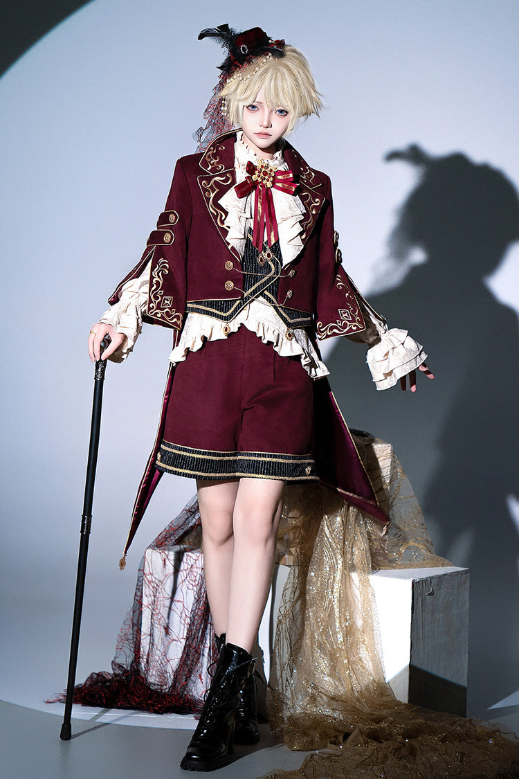 Red [Royal Heir] Embroidery Classic Military Gorgeous Handsome Ouji Lolita Coat Blouse Shorts Set - Red - 1