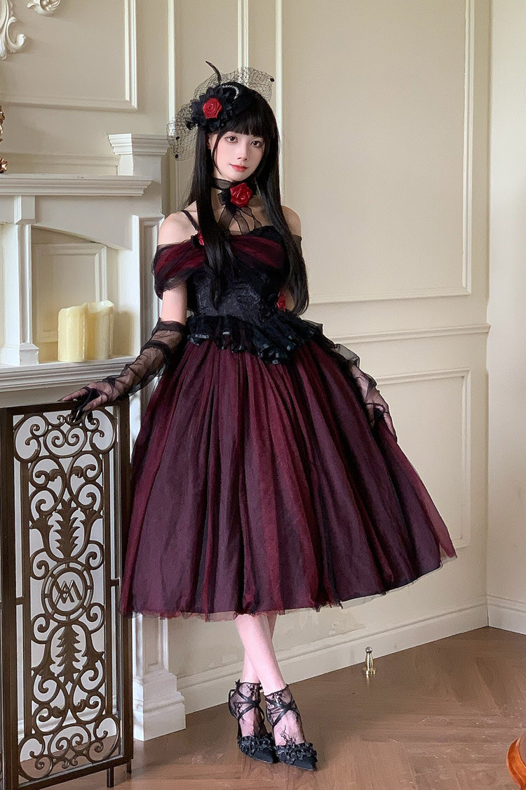 Black/Red [Sanglin’s Tribute] Off Shoulder Ruffled Gothic Lolita Dress - Product - 5