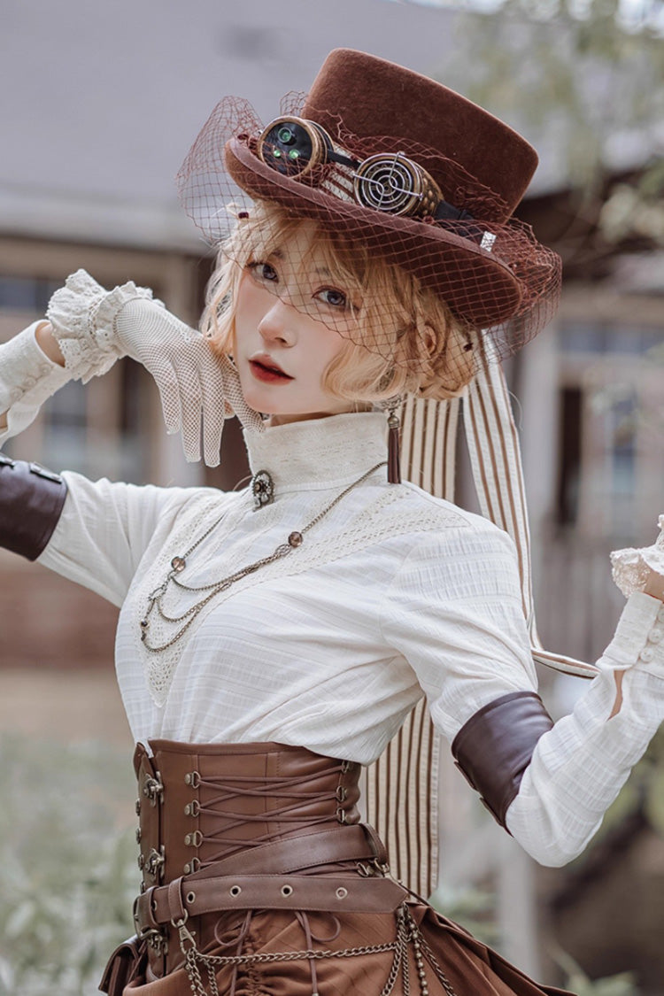 White Victorian Style Stand Collar Long Sleeves Embroidery Lace Classic Vintage Ouji Lolita Blouse - Product - 3