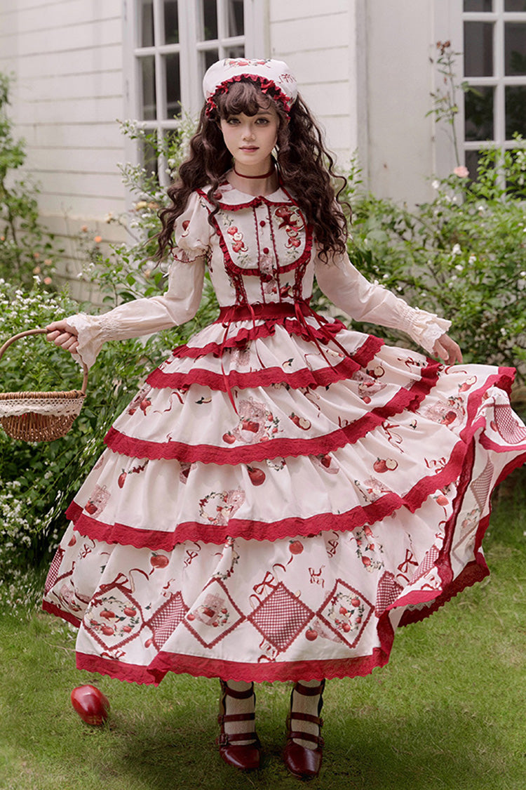 Red/Beige Triple-Layered [Apple Orchard] Print Ruffle Embroidery Sweet Lolita Long Skirt - Red/Beige - 1