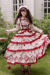 Red/Beige Triple-Layered [Apple Orchard] Print Ruffle Embroidery Sweet Lolita Long Skirt - Red/Beige - 1