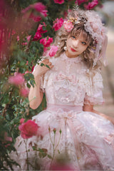 White/Pink [Realm of Sunset] Short Sleeves Printed Ruffled Hanayome Bow Lace Gorgeous Sweet Lolita Dress Set - Product - 4