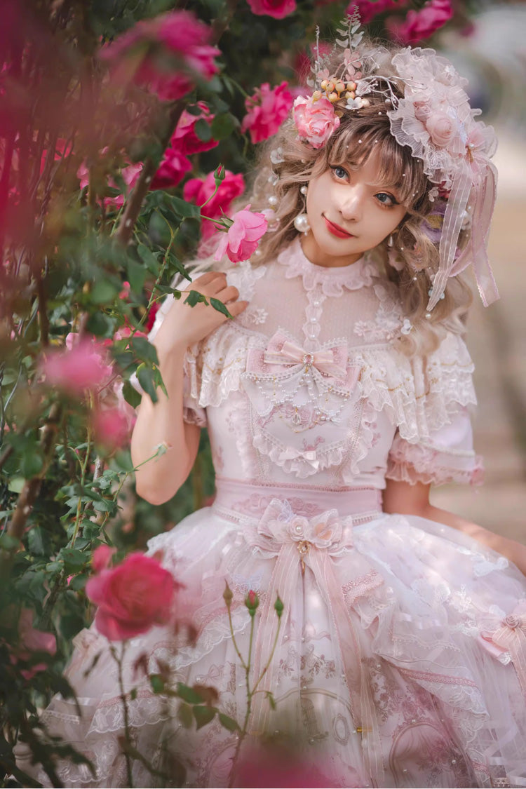 White/Pink [Realm of Sunset] Short Sleeves Printed Ruffled Hanayome Bow Lace Gorgeous Sweet Lolita Dress Set - Product - 4