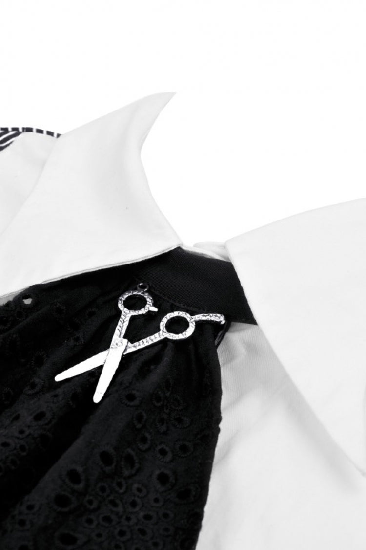 Black/White Lapel Collar Long Puff Sleeves Women's Gothic Striped Preppy Style Dress - Product - 16