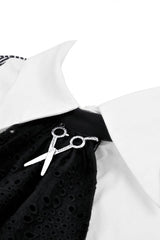 Black/White Lapel Collar Long Puff Sleeves Women's Gothic Striped Preppy Style Dress - Product - 16