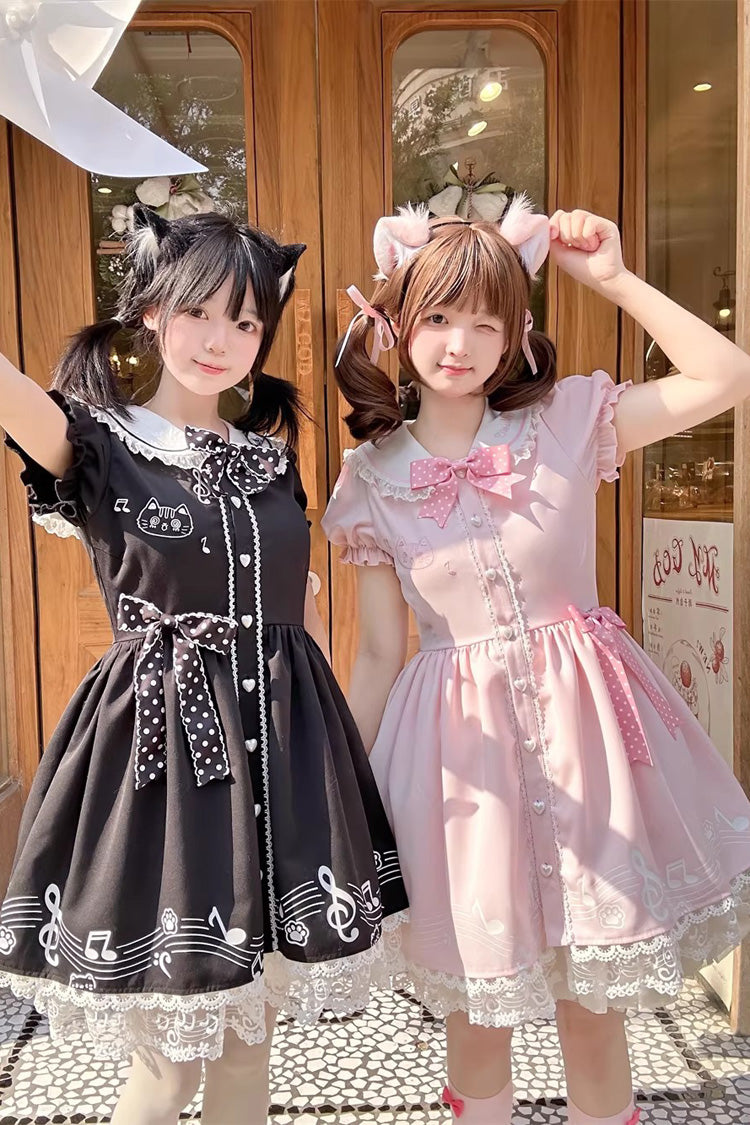 Black [Melody Kitty] Doll Collar Short Sleeves Ruffled Embroidered Bow Lace Sweet Lolita Dress - Product - 10