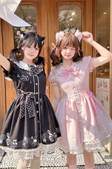 Black [Melody Kitty] Doll Collar Short Sleeves Ruffled Embroidered Bow Lace Sweet Lolita Dress - Product - 10