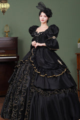 Black Square Collar Half Trumpet Sleeves Double-Layered Ruffled Open-Front Gothic Vintage Palace Lolita Victorian Dress - Product - 7
