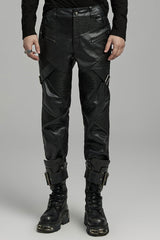Black Zipper Men's Punk Faux Leather Pants - Black - 1