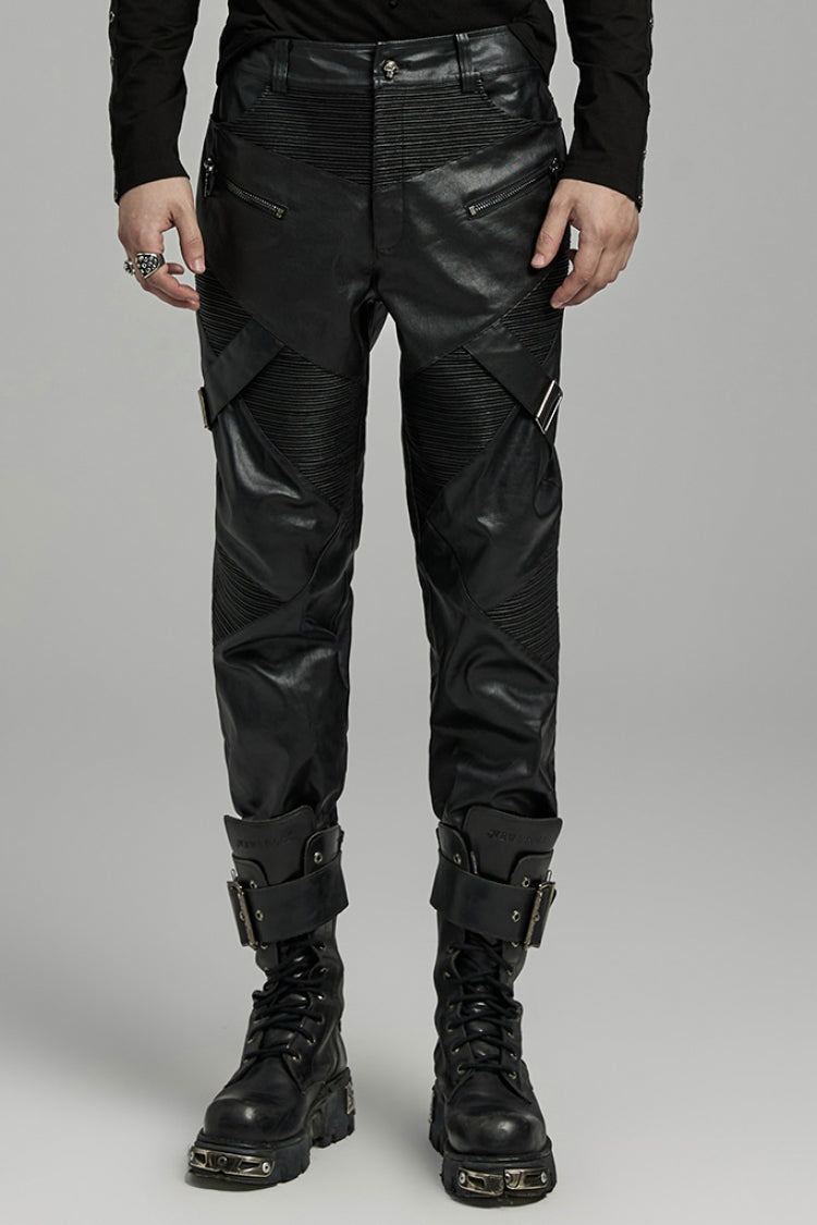 Black Zipper Men's Punk Faux Leather Pants - Black - 1