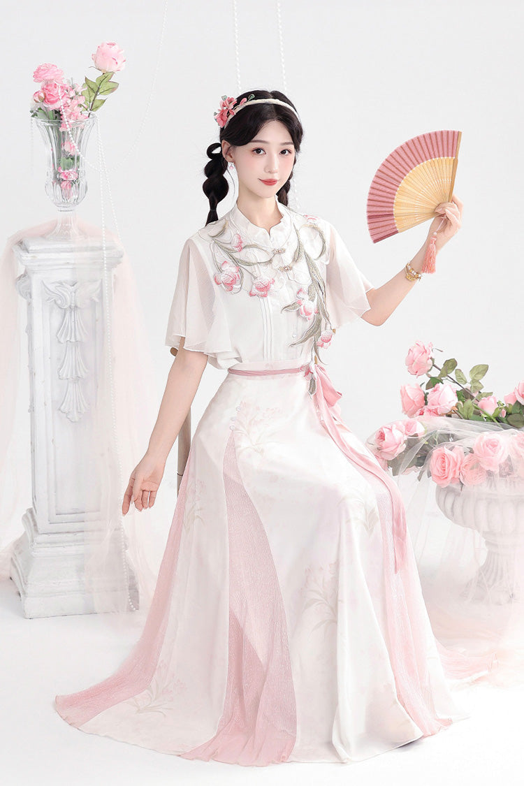 White/Pink [Tulip] Round Collar Short Sleeves High Waisted Printed Women's Sweet Hanfu Set - Product - 4