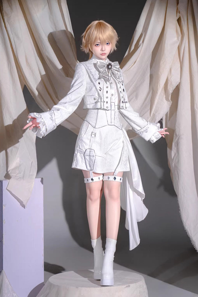 White [Silver-White Sacred Pact] Bow Asymmetric Gothic Prince Palace Ouji Lolita Shorts Coat Four-Piece Set - Product - 2