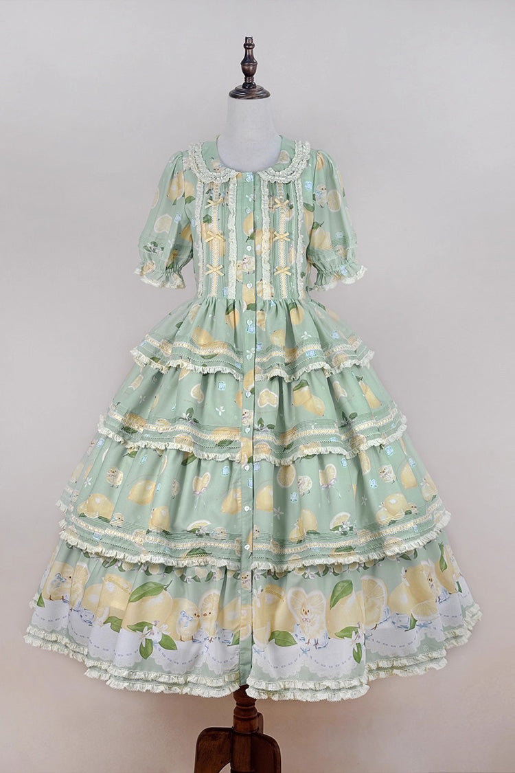Green [Lemon Chicken] Short Sleeves Triple-Layered Print Ruffle Bowknot Lace Sweet Gorgeous Lolita Dress - Product - 3