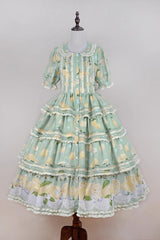 Green [Lemon Chicken] Short Sleeves Triple-Layered Print Ruffle Bowknot Lace Sweet Gorgeous Lolita Dress - Product - 3
