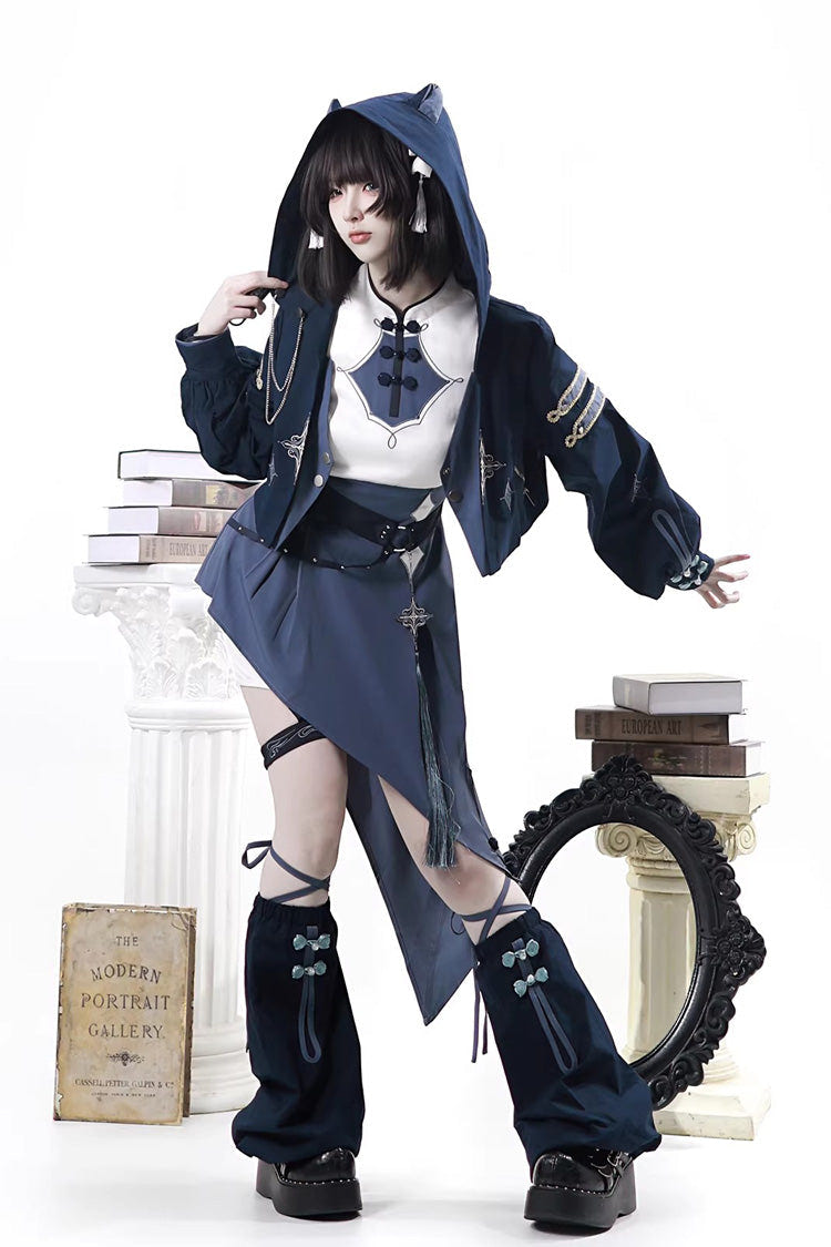Blue [Indigo Shadow Journey] Stand Collar Long Sleeves Embroidered Hooded Asymmetric Punk Ouji Lolita Dress Four-Piece Set - Product - 11