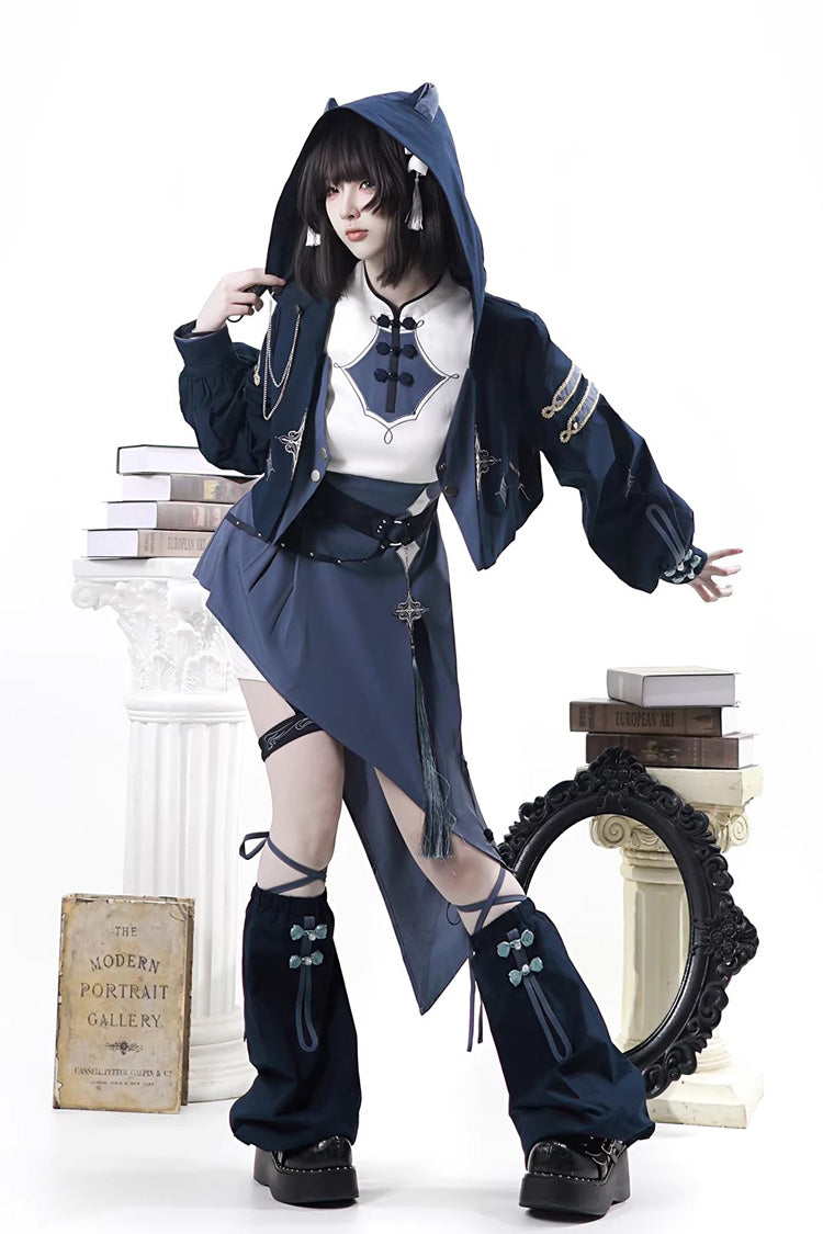 Blue [Indigo Shadow Journey] Stand Collar Long Sleeves Embroidered Hooded Asymmetric Punk Ouji Lolita Dress Four-Piece Set - Product - 11