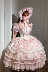 Pink [Rose Manor] Short Puff Sleeves Ruffle Bowknot Lace Sweet Japanese Princess Lolita Dress - Product - 4