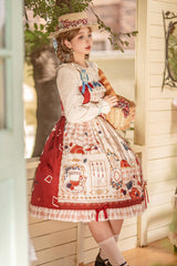 Red [Tea Party] Print Ruffle Bowknot Lace Sweet Elegant Lolita Jsk Dress - Product - 3