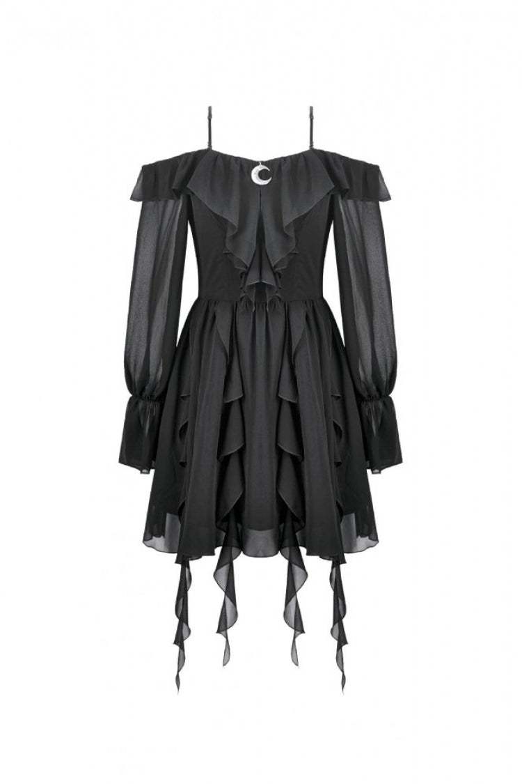 Black Moon Charm Off Shoulder Long Puff Bishop Sleeves Layered Ruffled Hem Women's Gothic Slip Dress - Product - 3