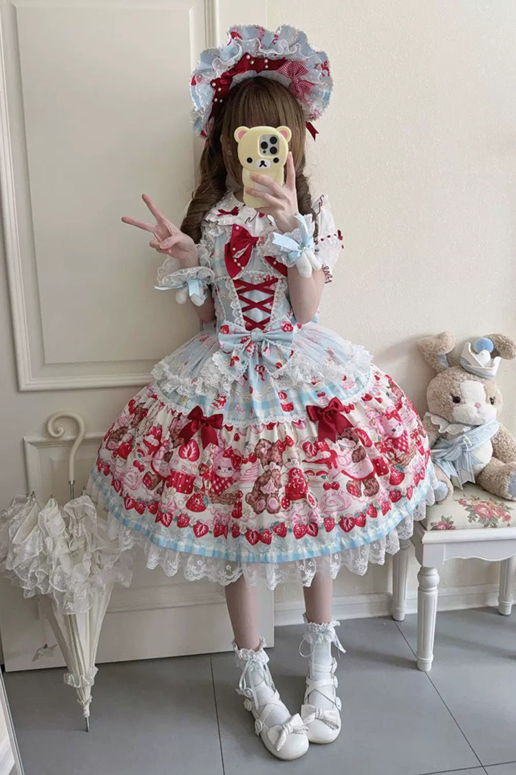 Red/Blue [Sweet Berry Bunny Bear] Printed Bow Lace Lace-Up Sweet Lolita Jsk Dress - Product - 4