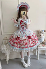 Red/Blue [Sweet Berry Bunny Bear] Printed Bow Lace Lace-Up Sweet Lolita Jsk Dress - Product - 4