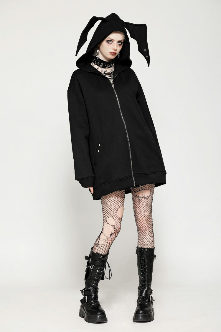 Black Long Sleeves Zippered Women's Gothic Batwing Hoodie - Product - 8
