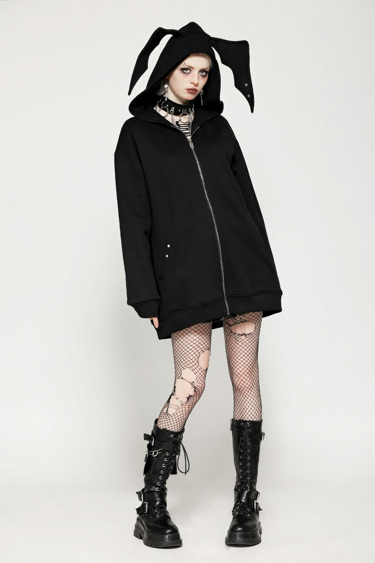 Black Long Sleeves Zippered Women's Gothic Batwing Hoodie - Product - 8