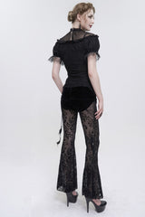 Black Wavy Stretch-Knit Fabric Adjustable Front Center Tether Short Sleeve Women's Gothic T-Shirt - Product - 5