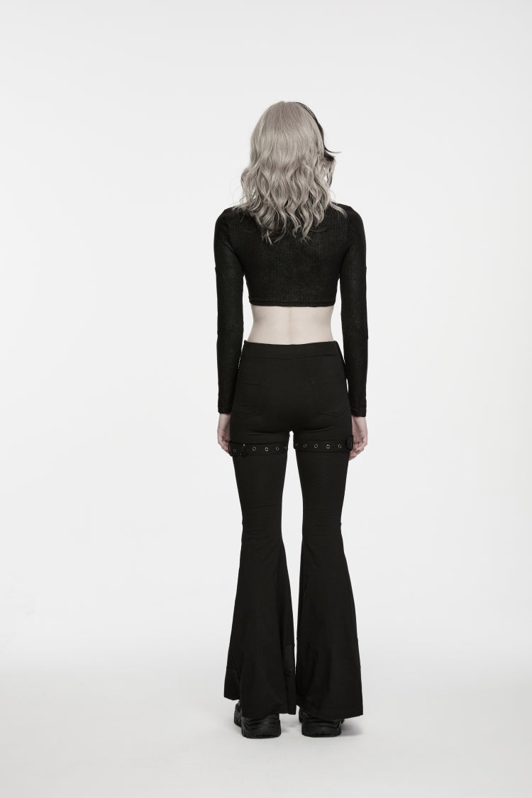 Black Slim Fit Asymmetric Eyelet Women's Punk Cool Flared Pants - Product - 3