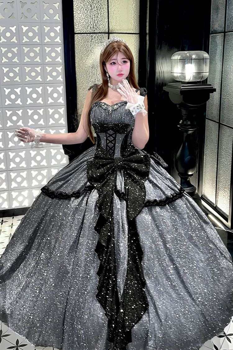 Grey [Galaxy of Fallen Tears] Sleeveless Glitter Series Ruffled Bow Asymmetric Sweet Lolita Jsk Dress - image 6